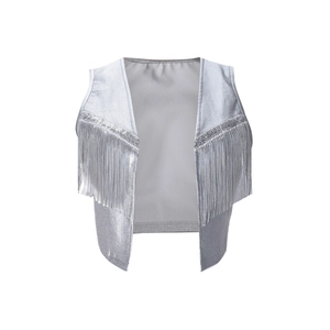 Detail of silver sequined fringe vest with metallic tassels and sparkling finish