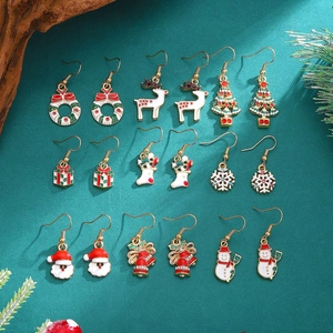 Festive set of 12 pairs Christmas earrings with reindeer and snowflake designs