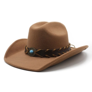 Brown wool felt cowboy hat with leather braided band and turquoise stone detail