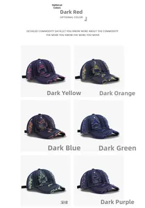 Detail view of washed denim baseball caps with distressed holes and colorful stitching
