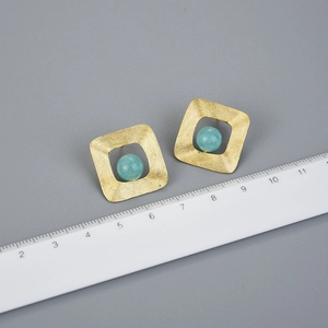 Minimalist square S925 silver earrings with brushed gold finish and turquoise stone