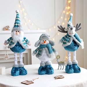 Three retractable Christmas plush toys including Santa, Snowman and Elk in blue finish