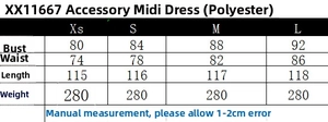 Detailed size guide table for summer midi dress showing measurements from XS to L