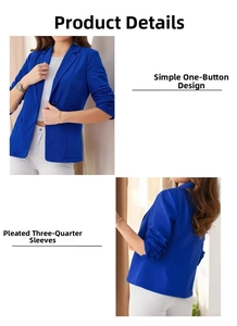 Detail of royal blue blazer featuring single-button closure and ruched three-quarter sleeves