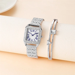 Elegant square silver watch for women with rhinestone strap and matching crystal bracelet