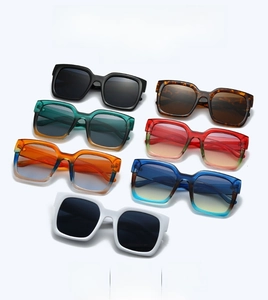 Matrix display of vintage square oversized sunglasses in seven assorted gradient colors
