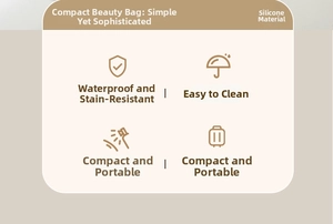Silicone makeup pouch detail showcasing waterproof easy clean and portable features.