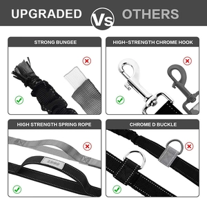 Comparison showing upgraded bungee leash with high-strength chrome hooks and D-buckle detail