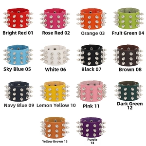 Grid display of 14 colorful punk leather bracelets with triple-row silver metal cone studs