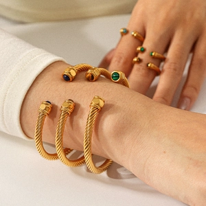 Twisted Cable Open Bangle Bracelet For Women Stainless Steel Natural Stone Inlaid Adjustable Cuff Jewelry High Polish