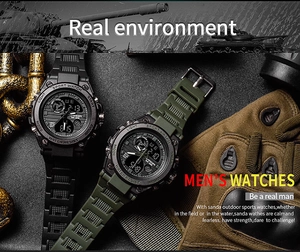 Macro view of SANDA dual display tactical watch with 30M waterproof and rubber strap