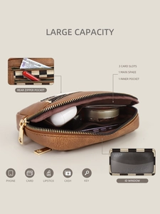 Internal view of brown leather wallet showing large capacity with card slots and ID window