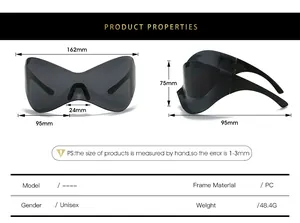 Size chart showing dimensions for Y2K oversized rimless sunglasses with 162mm frame width