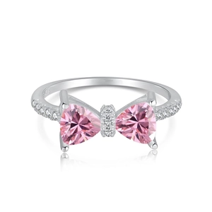 S925 sterling silver bow ring with pink triangle crystals and micro diamonds