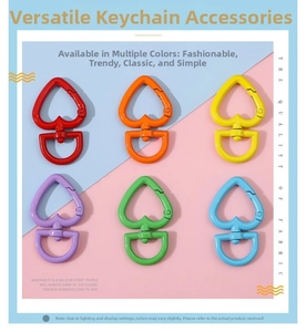 Set of 6 colorful heart-shaped snap hooks with swivel D-rings for DIY crafts and keychains