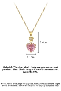 Detail of pink heart zircon pendant necklace with titanium steel chain measurements
