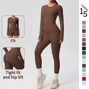 Women Yoga Outfits Long Sleeve Top and High Waist Leggings Brushed Nylon Spandex Fitness Gym Workout Sportswear Apparel