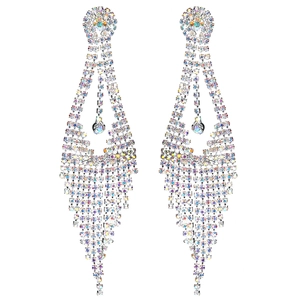 Orecchini pendenti a nappa lunga con strass AB di lusso con finitura in argento