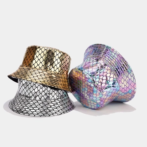 Reversible bucket hat with colorful fish scale pattern and shiny metallic sequins