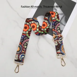Detail of Phoenix pattern wide guitar strap for bags with adjustable gold metal buckle