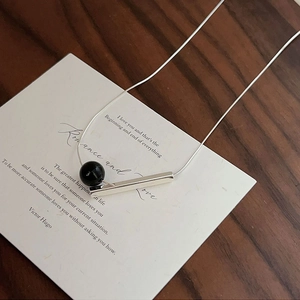 Minimalist 925 sterling silver necklace with black agate bead and geometric tube pendant