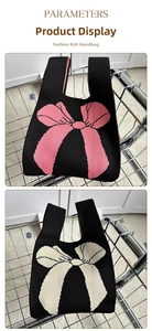 Detail of black knitted tote bags with pink and cream bows in a metal shopping cart