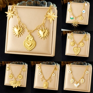 Gold Plated 304 Stainless Steel Multi Charm Necklace For Women Vintage Boho Heart Sun Flower Star Sacred Heart Pendant