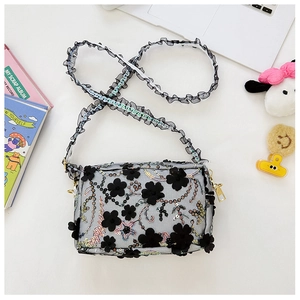 Detail of floral crossbody bag featuring black 3D flower patches and sequin embroidery