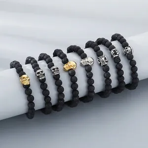 Elastic lava stone beaded bracelets with gothic skull and silver cross metal charms