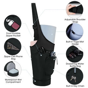 Sac de tapis de yoga noir étanche avec poche humide, porte-bouteille et sangle ajustable