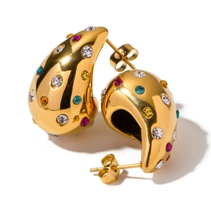 Water drop earrings in 18K gold plated stainless steel with colorful rhinestones