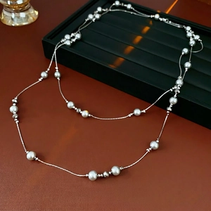 French vintage layered faux crystal pearl long necklace with silver beaded accents