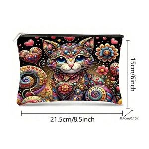 Trousse à maquillage en toile avec chat coloré, motif mandala et spécifications