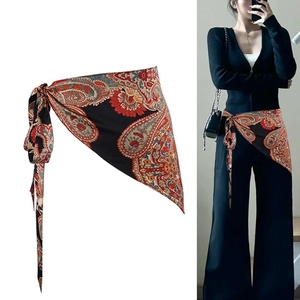 Bohemian paisley pattern silk scarf waist belt for women with elegant tassel ties