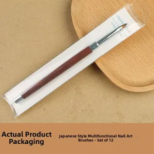 Detailed set of 12 professional nail art brushes with wooden handles in clear packaging