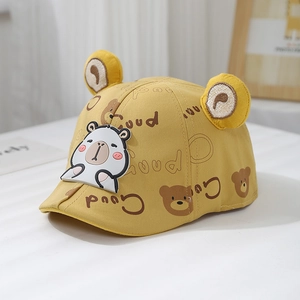 Yellow baby sun hat with bear ears and cartoon prints for toddler boys and girls