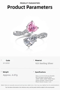 Macro shot of 925 silver ring featuring pink heart and white pear-shaped zircon stones