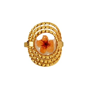 Vintage gold adjustable open ring featuring an orange dried flower in a clear resin setting