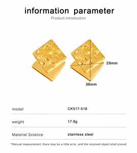 Macro view of gold stainless steel tiered square earrings with textured and polished finish