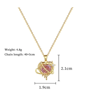 Detailed view of heart pendant necklace with pink gem and specific size measurements