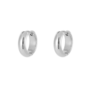 Polished silver metal huggie hoop earrings with a minimalist round design for women