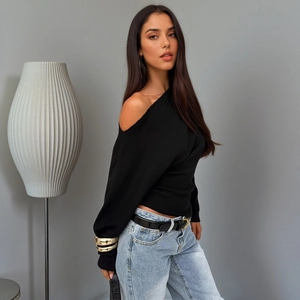 Slim fit black one-shoulder long sleeve top with rib knit texture for women