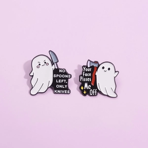 Ghost enamel pin set with knives and funny slogans on a light pink background