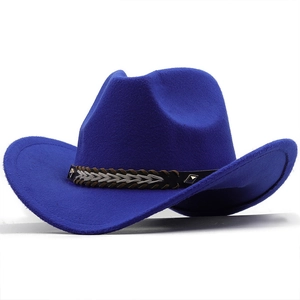 Detail of navy blue felt cowboy hat featuring a braided leather band with metal studs