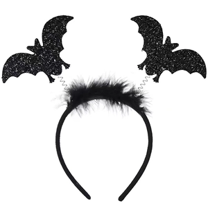 Halloween bat headband with black feathers and spring-mounted bat wings for party costume