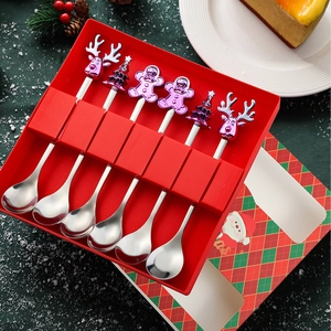 Christmas 6-piece stainless steel spoon set with cartoon deer and tree in red gift box