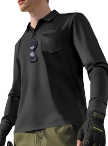 Close-up of black tactical long sleeve polo shirt featuring quick-dry mesh and chest pocket