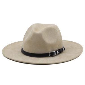 Classic beige suede fedora wide brim hat with black leather belt and silver buckle detail