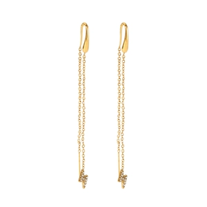 Detail of 18K gold-plated lightning bolt tassel earrings with sparkling white crystals