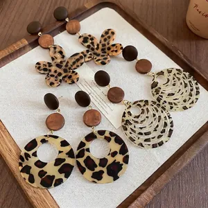 Vintage Leopard Print Resin Wood Drop Earrings For Women Bohemian Flower Round Geometric With Silver Earring Post